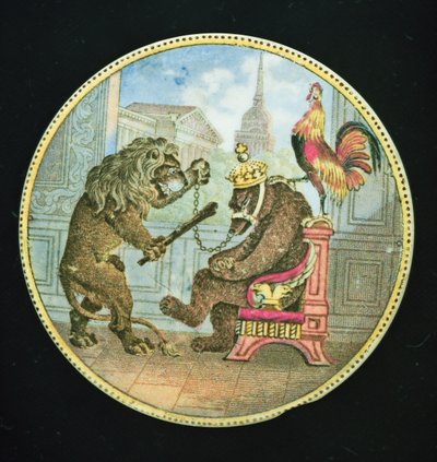 Pot Lid, depicting a bear, lion and cock, Staffordshire by English School